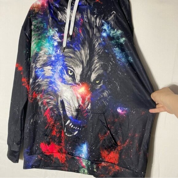 Black Red Multicolour Wolf Galaxy Hoodie XL - Picture 12 of 15